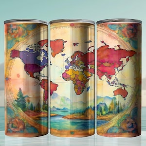 May include: Three stainless steel tumblers with a colorful world map design. The map is painted in shades of red, orange, yellow, blue, and green. The tumblers are perfect for holding hot or cold beverages.