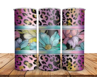 Envoltura para vaso con estampado floral de leopardo: Diseño de sublimación con brillantina (descarga digital PNG de 23,5 x 21,8 cm)