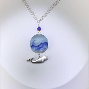 Petite Ocean Wave Whale Charm Necklace: Handcrafted Lampwork Bead Pendant for Beach Lovers