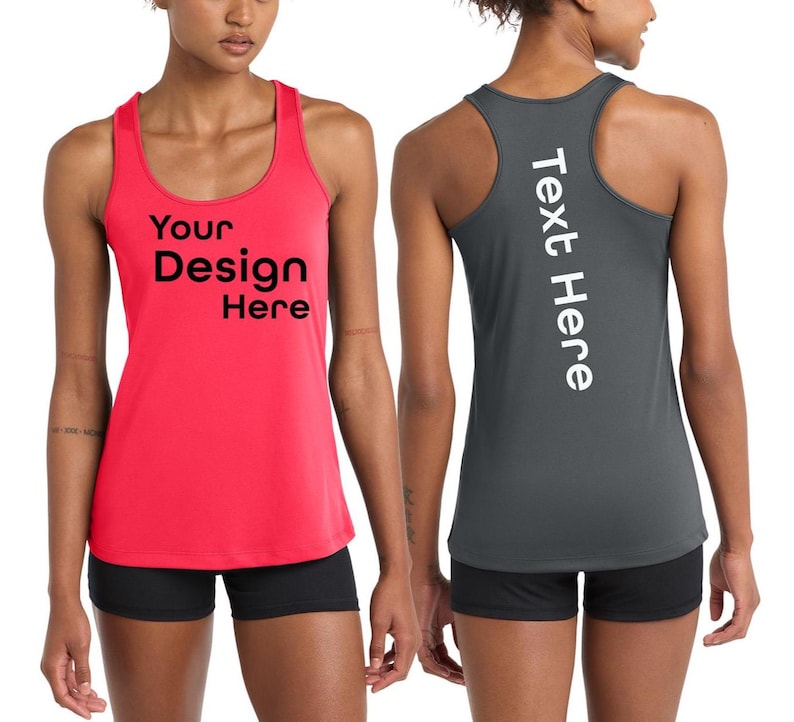 May include: Two athletic tank tops, one red and one gray. The red tank top has the text "Your Design Here" in black. The gray tank top has the text "Text Here" in white. Both tops are sleeveless with a racerback design.