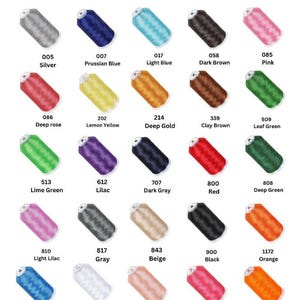 K&ouml;nnte beinhalten: Eine Garnfarbkarte mit einer Vielzahl von Garnfarben, darunter Silber, Preu&szlig;ischblau, Hellblau, Dunkelbraun und Rosa. Jede Garnfarbe ist mit einer Nummer und einem Namen versehen. Der Text "Thread Color Chart" steht oben.