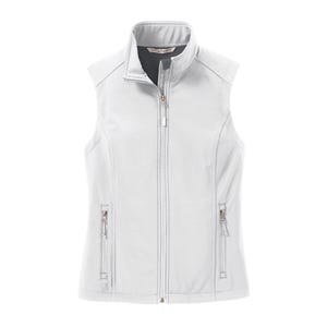May include: A light grey sleeveless vest featuring a full-length front zip, a high stand-up collar, and two vertical zipped pockets on the lower front. The interior lining is dark grey, and the garment has a structured, fitted silhouette.