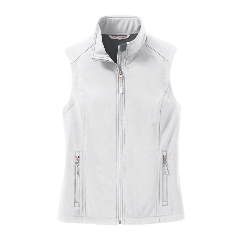 May include: A light grey sleeveless vest featuring a full-length front zip, a high stand-up collar, and two vertical zipped pockets on the lower front. The interior lining is dark grey, and the garment has a structured, fitted silhouette.