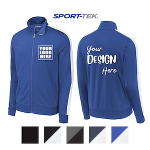 May include: A blue and white track jacket with a zipper closure. The jacket has white stripes down the sides and a white collar. The front of the jacket has the text "YOUR LOGO HERE" and the back of the jacket has the text "Your DESIGN Here".