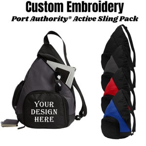 May include: A black sling bag with a zippered pocket and a large pocket that says "YOUR DESIGN HERE". The bag is shown in four different colors: black, gray, red, and blue.