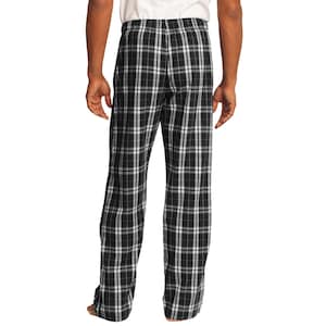 May include: Black and white plaid pajama pants with an elastic waistband.