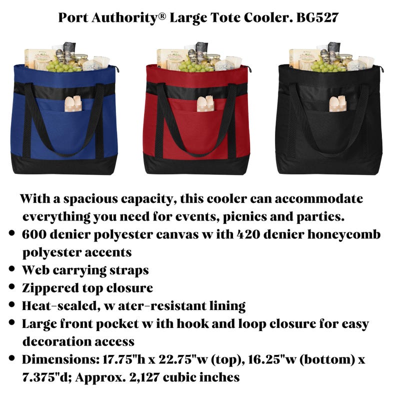 K&ouml;nnte beinhalten: Drei gro&szlig;e Tragetaschen-K&uuml;hltaschen in Blau, Rot und Schwarz. Jede hat einen schwarzen Boden, Web-Tragegurte und eine Vordertasche. Die K&uuml;hler haben einen Rei&szlig;verschluss oben und ein wasserdichtes Futter. Ma&szlig;e: 45,1 cm H x 57,8 cm B (oben), 41,3 cm B (unten) x 18,7 cm T.