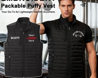 Personalized Men's Puffy Vest, Custom Embroidered Logo, Packable j851