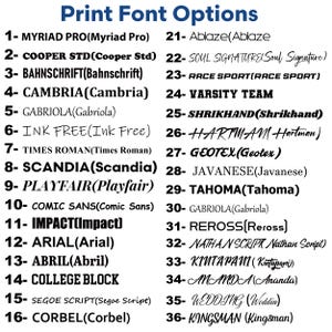 May include: A list titled Print Font Options displaying thirty-six numbered black text samples on a white background. Each entry shows the font name in uppercase followed by the name in parentheses, featuring various serif, sans-serif, and script styles.