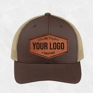 Custom Leather Patch Hats, Hats for work, Laser Engraved Leather Patch, Company Logo Hat, Personalized Hats, Sport-Tek® YP Trucker Cap STC39