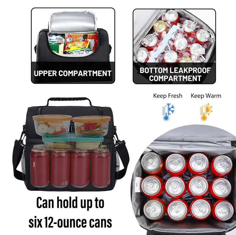 以下が含まれることがあります： 黒い断熱ランチバッグ。上部と下部にコンパートメントがあります。上部コンパートメントには容器とスナックが入っています。下部コンパートメントは漏れ防止で、缶を収納できます。バッグには最大6缶まで収納できます。