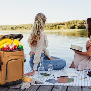 Puede incluir: Una nevera tipo mochila aislante de color marr&oacute;n llena de fruta, incluyendo pl&aacute;tanos y uvas, y una botella de vino. La mochila tiene correas negras y un bolsillo lateral. Dos personas est&aacute;n sentadas cerca del agua con una manta de picnic, libros y bebidas.