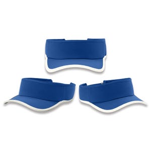 Pode incluir: Tr&ecirc;s viseiras de sol azul royal com um acabamento branco ao longo da borda da aba. Cada viseira apresenta um painel frontal estruturado e um design aberto no topo, exibindo os &acirc;ngulos frontal e lateral dos acess&oacute;rios sobre fundo branco.