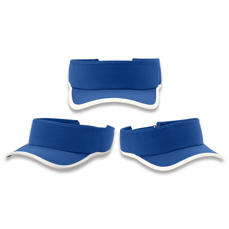 Pode incluir: Tr&ecirc;s viseiras de sol azul royal com um acabamento branco ao longo da borda da aba. Cada viseira apresenta um painel frontal estruturado e um design aberto no topo, exibindo os &acirc;ngulos frontal e lateral dos acess&oacute;rios sobre fundo branco.