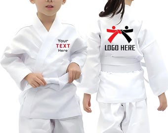 Embroidered Karate Uniform, Custom White Karate Uniform for Kids - Lightweight Student Gi Sets with Belt - Martial Arts Sports Suit. AM008