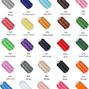 May include: A color chart of thread spools with numbers and names for each color. The colors include silver, Prussian blue, light blue, dark brown, pink, deep rose, lemon yellow, deep gold, clay brown, leaf green, lime green, lilac, dark gray, red, deep green, light lilac, gray, beige, black, orange, light royal blue, snow white, flesh, neon rose, and neon dark orange.