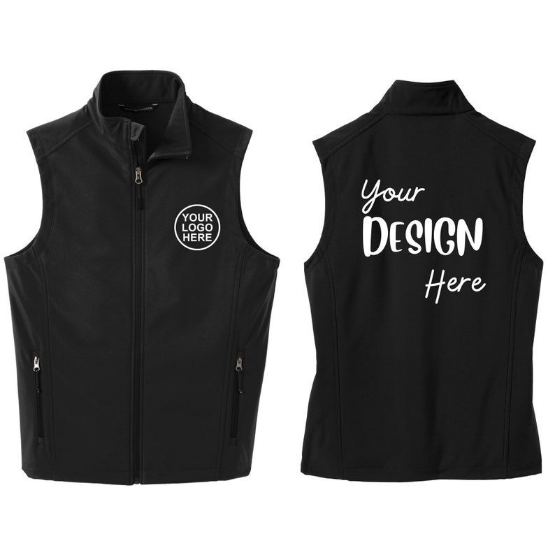 May include: A black sleeveless vest featuring a full-length front zip, a high collar, and two zipped side pockets. The front left chest displays the text "YOUR LOGO HERE" in a circle, while the back features the text "Your DESIGN Here".