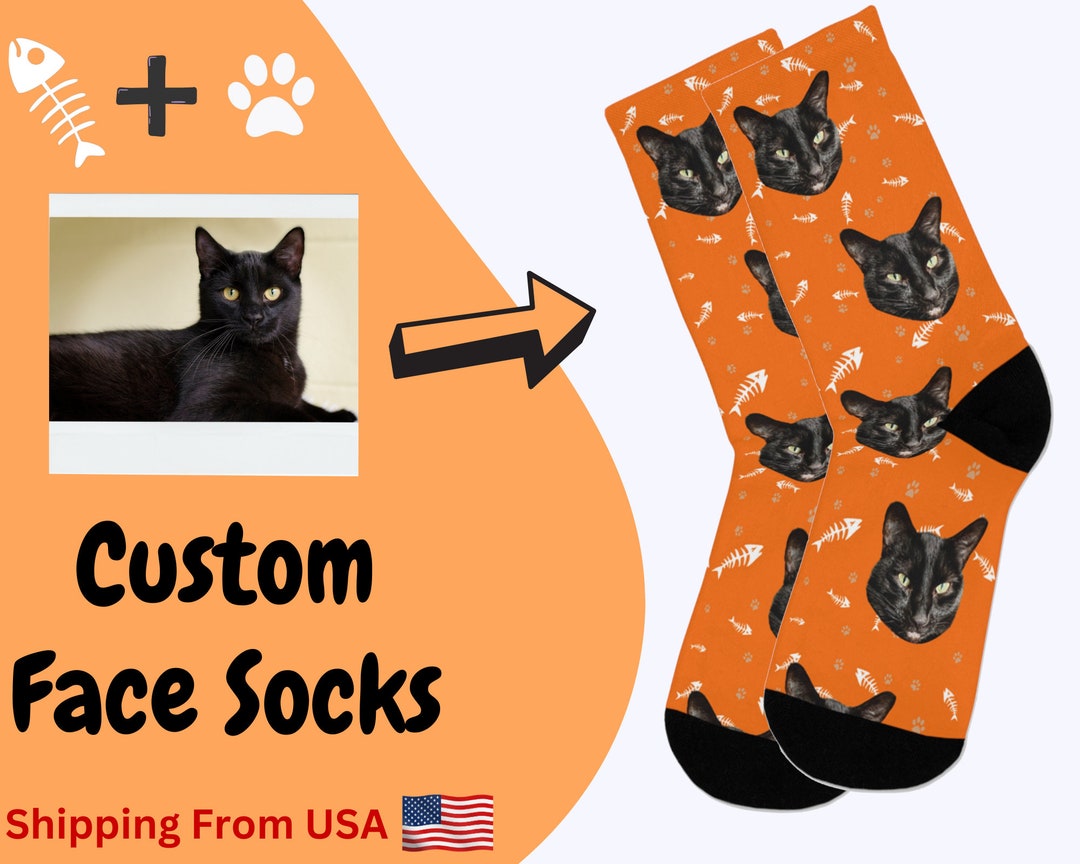 Cat Face Socks on Fishbone Pattern Custom Cat Socks Etsy