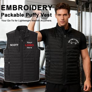 Custom Logo Vest, Your Business Logo Here, Embroidered Puffy Vest for Staff, Company Uniform, Team Gift, Men's & Women's Fit. J851 afbeelding 2