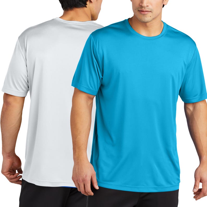 May include: Two short-sleeved t-shirts, one white and one turquoise blue. Both shirts have a crew neck.