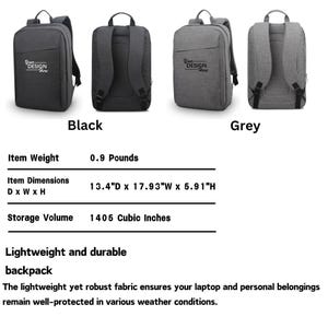 Four views of black and grey backpacks displayed alongside product dimensions and features text.