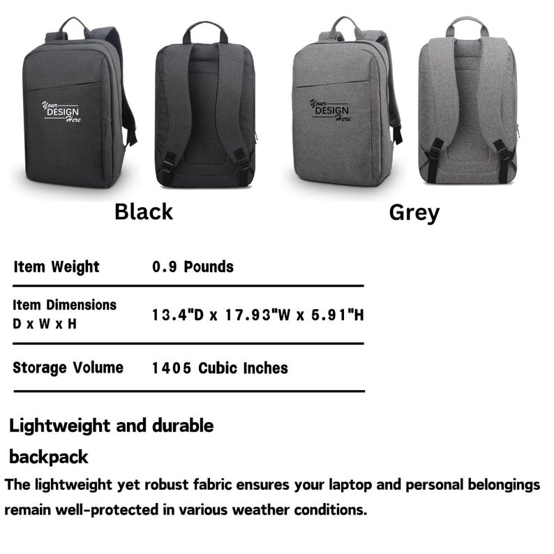 Four views of black and grey backpacks displayed alongside product dimensions and features text.