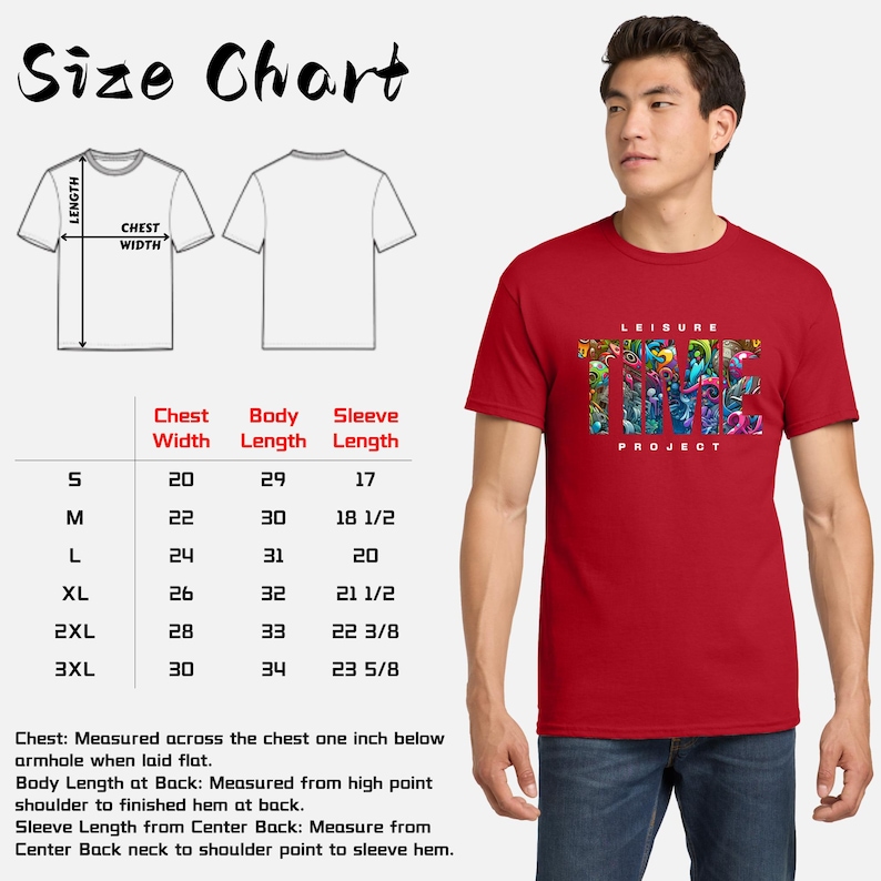 May include: A red t-shirt with the text "LEISURE PROJECT" in a colorful, artistic design. The image also includes a size chart with measurements in inches for chest width, body length, and sleeve length.