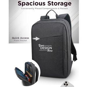A charcoal grey backpack with a front pocket, accompanied by an inset showing its open compartments containing notebooks and a laptop.