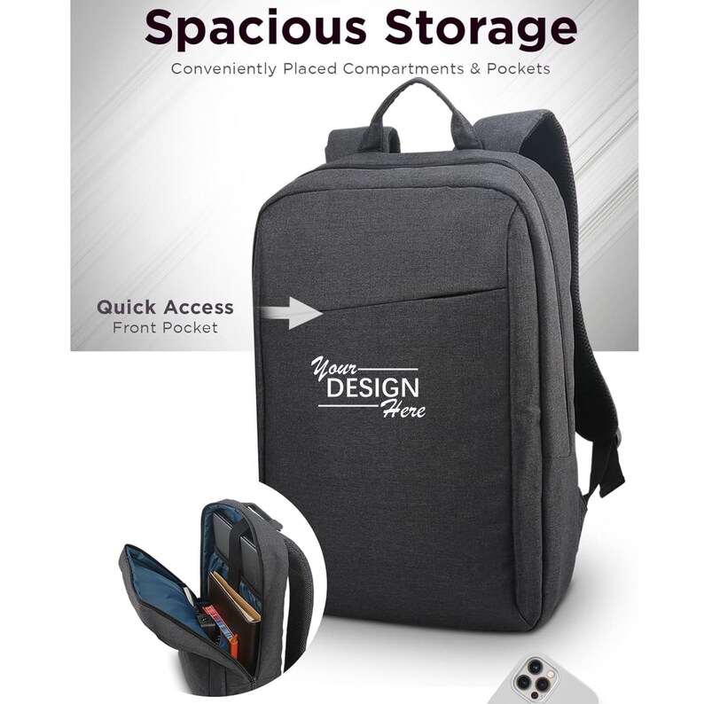 A charcoal grey backpack with a front pocket, accompanied by an inset showing its open compartments containing notebooks and a laptop.