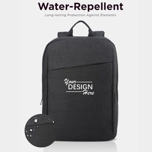 A dark grey water-repellent backpack is shown with a circular inset displaying water droplets beading on its fabric.