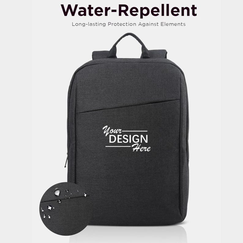 A dark grey water-repellent backpack is shown with a circular inset displaying water droplets beading on its fabric.