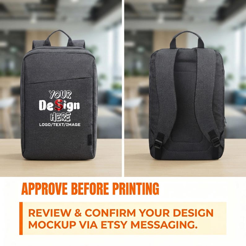Two views of a dark grey laptop backpack, showing the front with placeholder text and the padded back with shoulder straps.