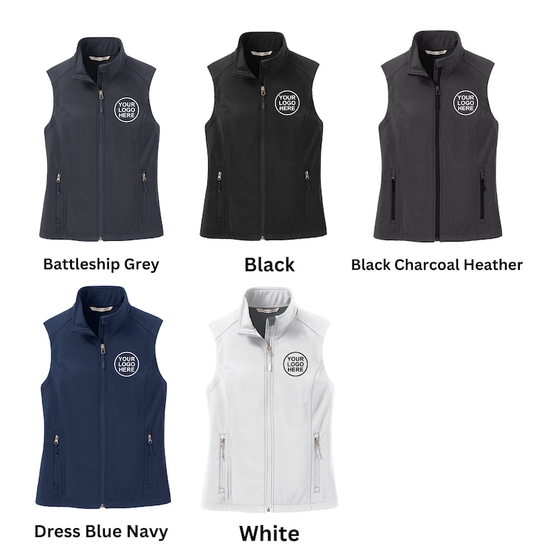 May include: Five sleeveless vests in battleship grey, black, black charcoal heather, dress blue navy, and white. Each vest features a full-length front zip, a stand-up collar, two zipped side pockets, and a circular logo reading YOUR LOGO HERE.