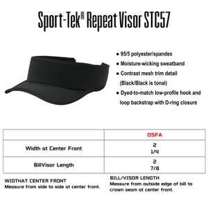 Pode incluir: Viseira preta Sport-Tek Repeat Visor STC57 feita de 95/5 poli&eacute;ster/elastano com faixa de suor que absorve a umidade, acabamento em malha contrastante e al&ccedil;a traseira de velcro com fecho em D. Inclui tabela com 5,7 cm de largura.