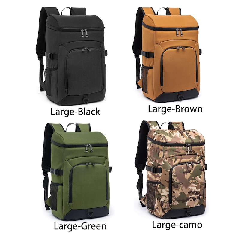 Puede incluir: Cuatro mochilas grandes en negro, marr&oacute;n, verde y camuflaje. Cada mochila tiene forma rectangular, un bolsillo frontal, bolsillos laterales de malla y correas ajustables para los hombros. El texto "Large" y una descripci&oacute;n del color o patr&oacute;n est&aacute;n debajo.