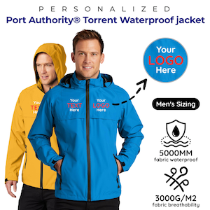 May include: Two men wearing waterproof jackets. One jacket is bright blue, the other is yellow. The blue jacket has the text "Your TEXT Here" and "Your LOGO Here". The image also includes the text "Port Authority Torrent Waterproof jacket", "Men's Sizing", and waterproof and breathability details.