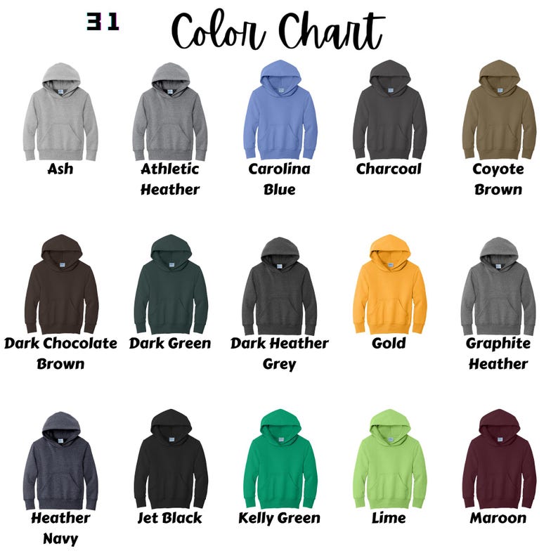 Puede incluir: Carta de colores que muestra 31 colores diferentes de sudaderas con capucha. Los colores incluyen Ceniza, Heather atl&eacute;tico, Azul Carolina, Carb&oacute;n, Marr&oacute;n coyote, Marr&oacute;n chocolate oscuro, Verde oscuro, Gris Heather oscuro, Dorado, Heather grafito, Heather azul marino, Negro azabache, Verde Kelly, Lima y Marr&oacute;n.
