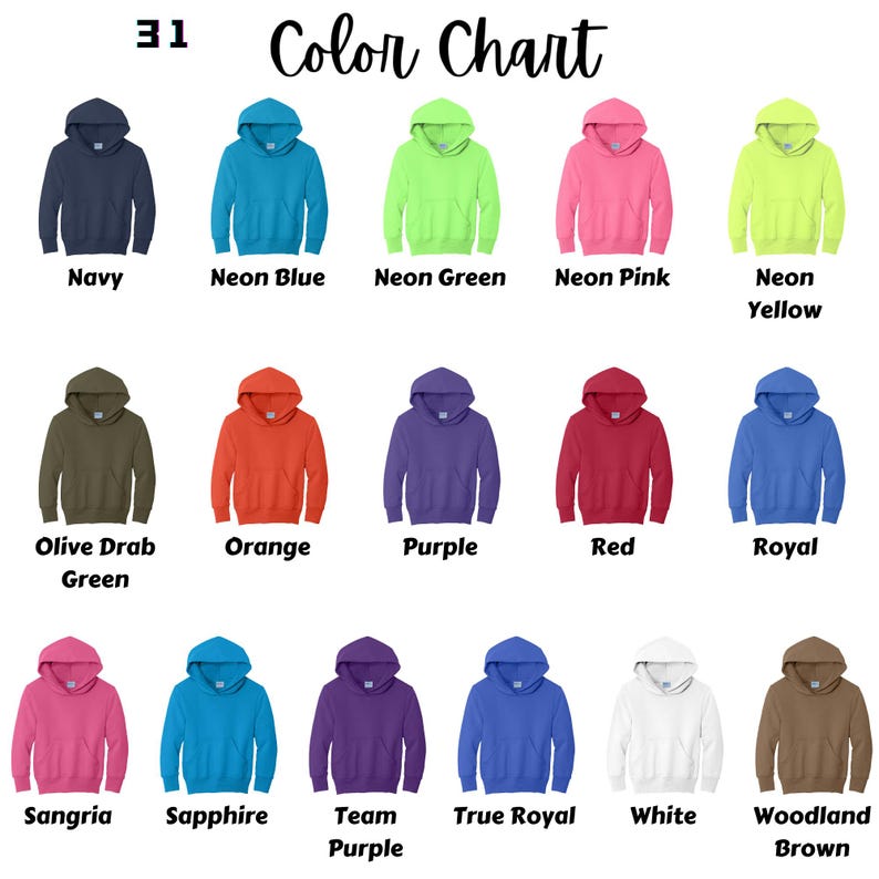 Puede incluir: Carta de colores que muestra 14 colores diferentes de sudaderas con capucha. Los colores son: Azul marino, Azul ne&oacute;n, Verde ne&oacute;n, Rosa ne&oacute;n, Amarillo ne&oacute;n, Verde oliva oscuro, Naranja, Morado, Rojo, Real, Sangr&iacute;a, Zafiro, Morado de equipo, Azul real, Blanco y Marr&oacute;n bosque.
