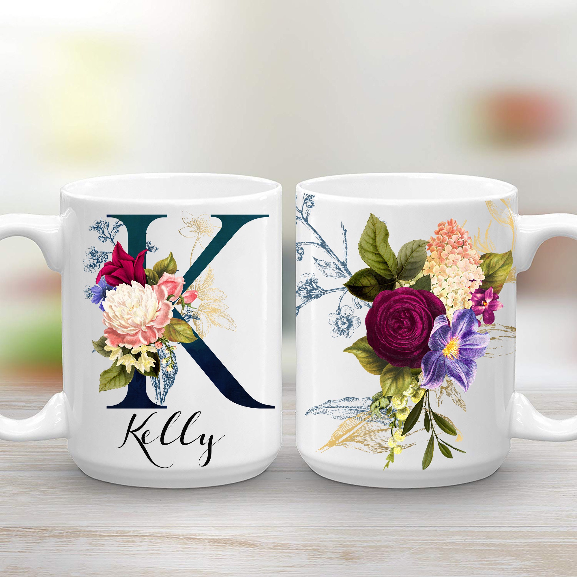 Personalised Floral Initial Any Letter Coffee Tea Mug Gift 11ox Ceramic