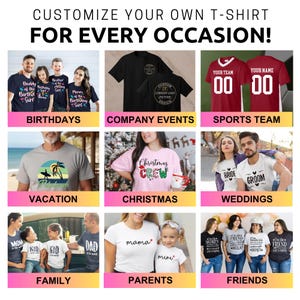 May include: A promotional image showcasing customizable t-shirts for various occasions. The image features examples for birthdays, company events, sports teams, vacations, Christmas, weddings, family, parents, and friends. Each example displays a different design and text.