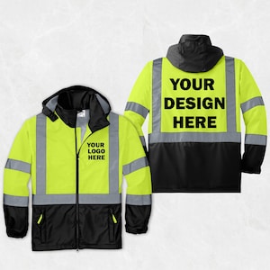 May include: A high-visibility neon yellow and black hooded jacket featuring reflective silver strips. The front displays the text YOUR LOGO HERE, while the back displays the text YOUR DESIGN HERE. The jacket has a full-length front zipper.