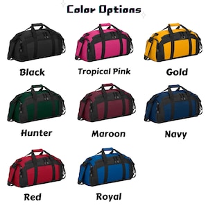 May include: A collection of eight duffel bags displayed in a grid, each featuring a main colored body with black accents, handles, and zippers. The text Color Options is centered at the top, with individual color labels below each bag.