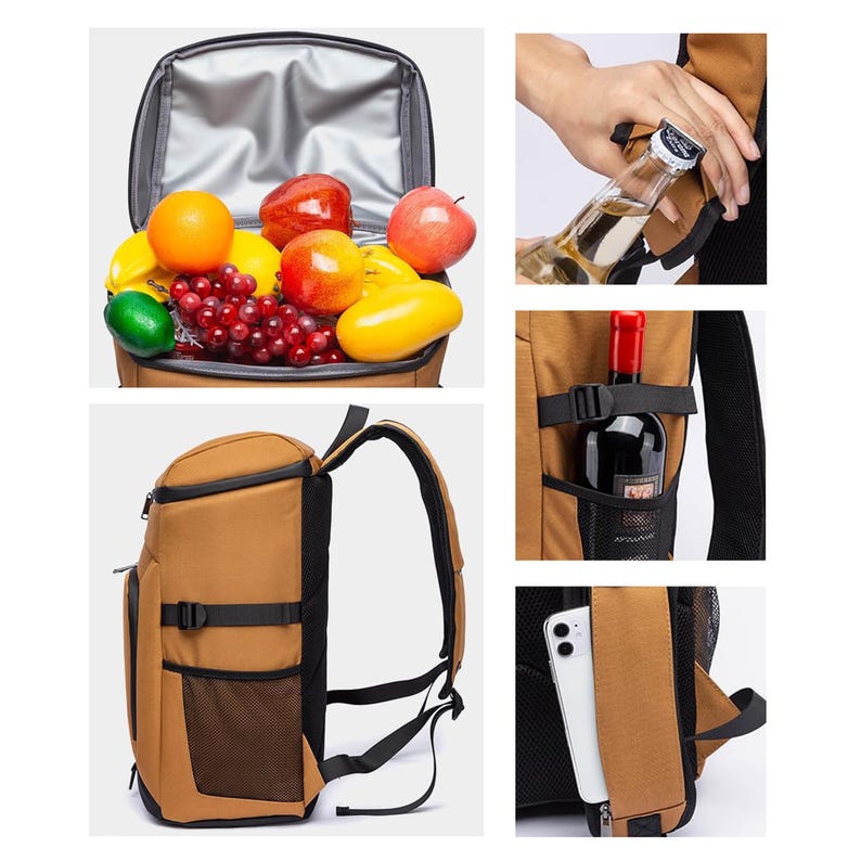 Puede incluir: Mochila aislante marr&oacute;n con detalles en negro. La mochila est&aacute; abierta, revelando una variedad de frutas frescas. Im&aacute;genes adicionales muestran un abridor de botellas, una botella de vino y un tel&eacute;fono inteligente en el bolsillo lateral. Tiene correas ajustables.