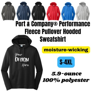 May include: Black hooded sweatshirt with the text "Your DESIGN Here" on the front. The sweatshirt is made of 5.9-ounce, 100% polyester fleece and is moisture-wicking. It is available in sizes S-4XL.