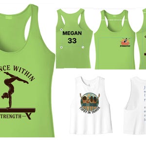 May include: Lime green tank tops with various designs. One features a gymnast on a balance beam with "BALANCE WITHIN" and "Y-STRENGTH" text. Another has "MEGAN 33". A white tank top has "TIPSY IN TAHOE".