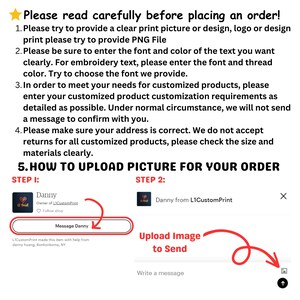 Puede incluir: Una captura de pantalla de un sitio web con instrucciones sobre c&oacute;mo cargar una imagen para un pedido. El sitio web es para una tienda de impresi&oacute;n personalizada llamada L1CustomPrint. Las instrucciones est&aacute;n en un cuadro rojo con un fondo blanco. El texto en el cuadro dice "Cargar imagen para enviar". Hay un cuadro blanco debajo del cuadro rojo con el texto "Escribir un mensaje".