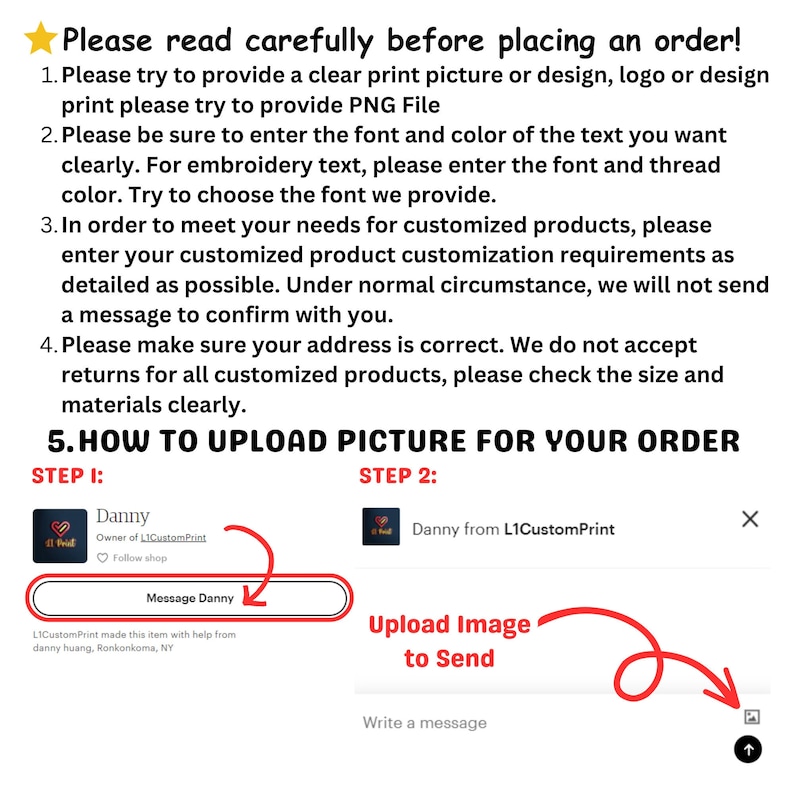 Puede incluir: Una captura de pantalla de un sitio web con instrucciones sobre c&oacute;mo cargar una imagen para un pedido. El sitio web es para una tienda de impresi&oacute;n personalizada llamada L1CustomPrint. Las instrucciones est&aacute;n en un cuadro rojo con un fondo blanco. El texto en el cuadro dice "Cargar imagen para enviar". Hay un cuadro blanco debajo del cuadro rojo con el texto "Escribir un mensaje".