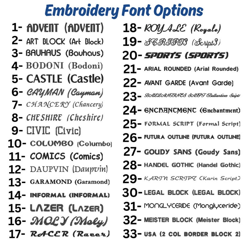 May include: A list of 33 embroidery font options titled Embroidery Font Options. Each numbered entry displays the font name in uppercase followed by the same name in title case in parentheses, showcasing various typographic styles in black text.