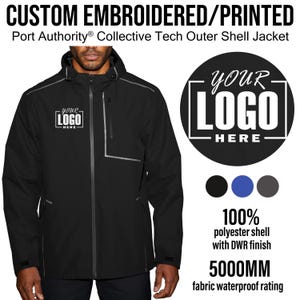 May include: Black water-resistant jacket with a zipper closure and reflective accents. The jacket is 100% polyester and has a 5000mm waterproof rating. The text "YOUR LOGO HERE" is printed on the jacket.
