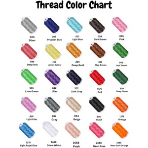 May include: A Thread Color Chart displaying twenty-five spools of embroidery thread in various colors. Each spool is labeled with a numerical code and a color name, including Silver, Prussian Blue, Light Blue, Dark Brown, Pink, Deep Rose, Lemon Yellow, Deep Gold, Clay Brown, Leaf Green, Lime Green, Lilac, Dark Gray, Red, Deep Green, Light Lilac, Gray, Beige, Black, Orange, Light Royal Blue, Snow White, Flesh, Neon Rose, and Neon Dark Orange.